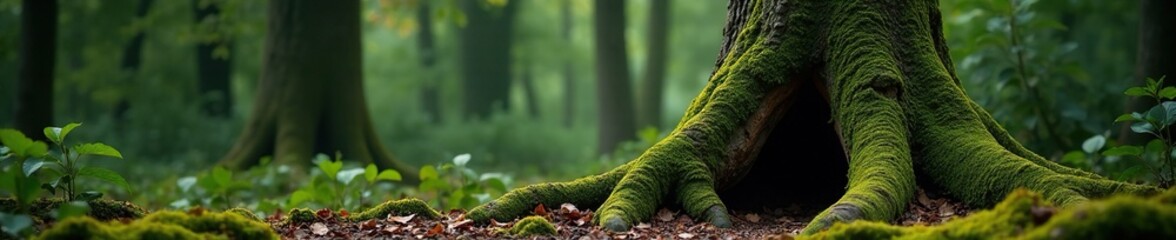 Obraz premium Moss-covered tree trunk beside a dark wooden tent, nature, wood