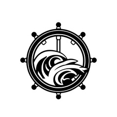 Steering Wheel with Waves: A nautical emblem with abstract waves inside a ship's steering wheel in a monochrome style.