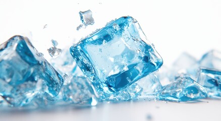 Bright Blue Ice Cubes Crashing on a White Surface in Studio Light