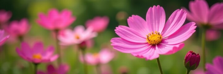 Pink cosmos flowers blooming in vibrant garden , aesthetic, cosmos blossoms