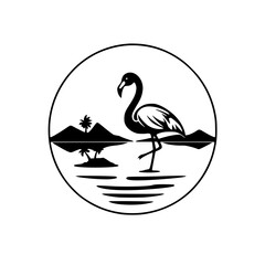 Flamingo Silhouette: A black and white circle icon of a flamingo standing in water with palm tree.