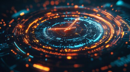 A captivating digital clock graphic design that features mesmerizing glowing orange and blue elements beautifully