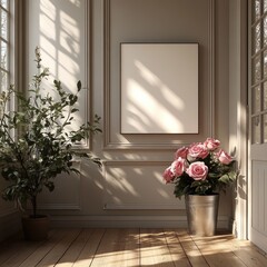 Minimalist Interior Scene with Blank Canvas and Flower Decoration