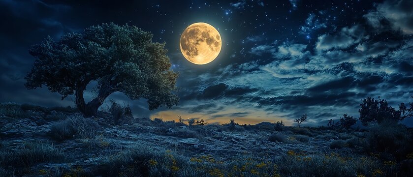 Natural landscape with a bright full moon on a dark night, mountain fields, large trees and clouds visible in bright moonlight