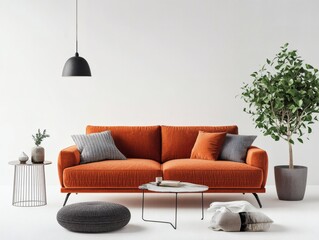 Stylish Orange Sofa in a Contemporary White Interior
