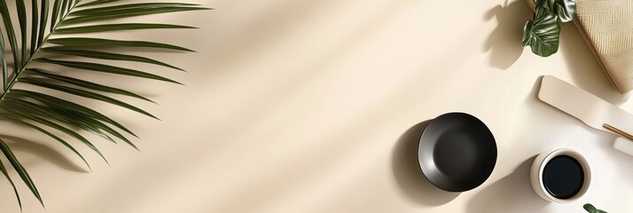 Decorative arrangement featuring a black bowl, coffee cup, and green foliage on a light background during the day. Generative AI