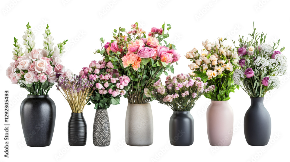 Poster set of colorful bouquets with various flowers like roses, snapdragons and carnations standing in vas