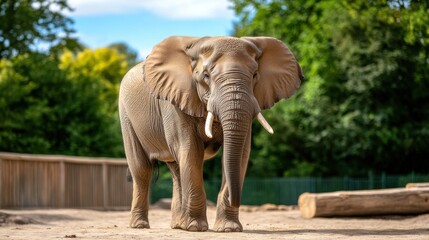 Majestic elephant standing on sandy ground surrounded by lush greenery in a natural habitat scene