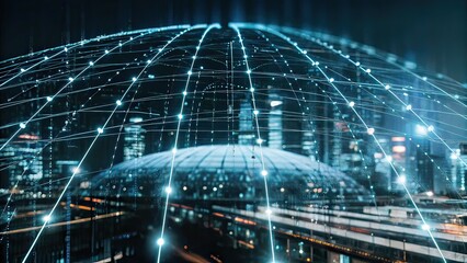 Futuristic Cityscape with Digital Network Overlay of Glowing Lines and Nodes