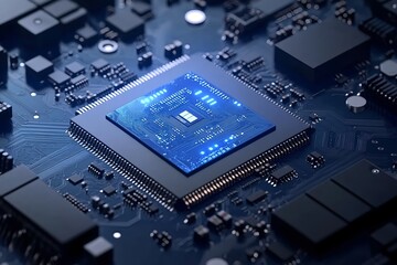A large, wide, ultra-high-performance blue-emitting CPU chipset appears on a complex, high-end, blue-emitting electronic board.