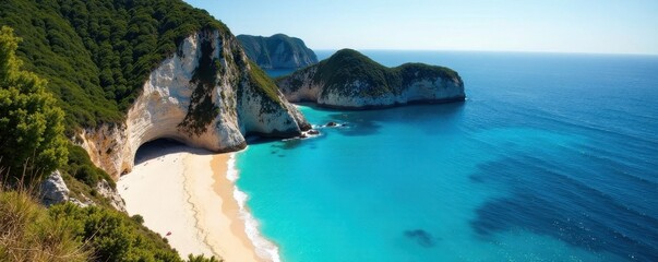 Dramatic cliffs overlook pristine sandy cove, azure water sparkles , summer, stone, scenic