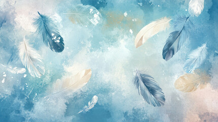 Obraz premium Dreamy feather background with airy textures in soft blues and whites for elegant designs