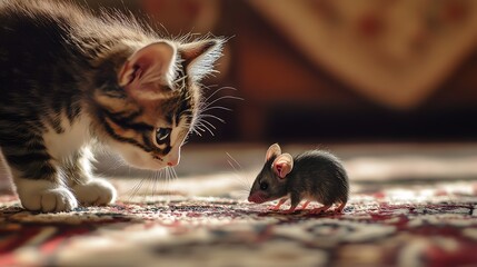 A curious tabby kitten intensely focused on a small mouse in a cozy indoor setting, highlighting the playful predatory instinct of both animals