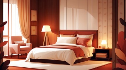 Cozy Bedroom Interior with Warm Lighting and Modern Furnishings, Featuring Comfortable Bed, Arm