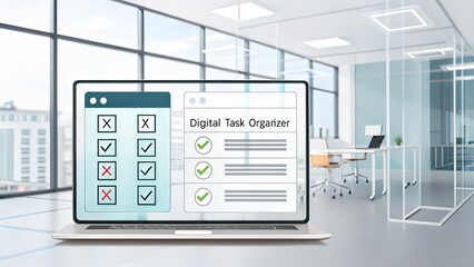 Office workspace with a digital task organizer on a laptop screen, symbolizing project management and task scheduling