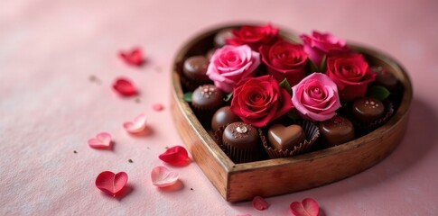 Elegant roses and assorted chocolates arranged on a heart-shaped tray , sensual, romantic date, candy
