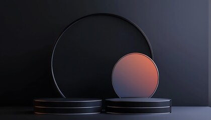 Mock-up black stage with two circular podiums for presenting cosmetic products in gradient colors and elegant