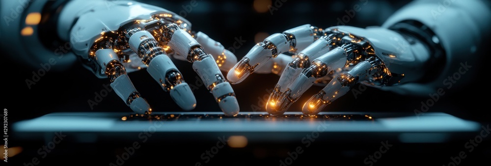 Poster robotic hand and human touch interaction above laptop in futuristic digital scene with ai and machin