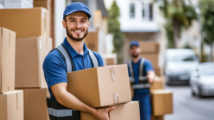 Set of moving service workers carrying boxes. Flat vector illustration of young men transporting heavy packages with home of office stuff. Delivery employees bringing parcels isolated on white