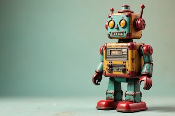 Obraz premium Retro tin robot, weathered paint, classic design, illustration, close-up