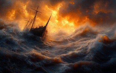 Obraz premium Fishermen Battling Stormy Waves in a Dramatic Seascape with Intense Ocean Turbulence