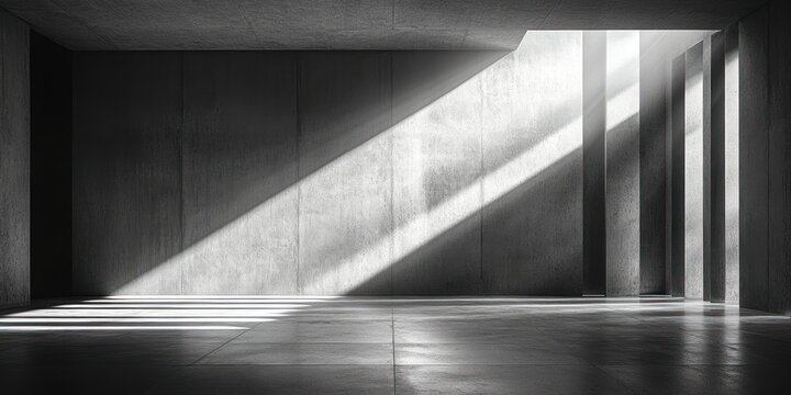 Minimalist empty concrete room with dramatic light and stark architecture featuring central ceiling opening and divider wall