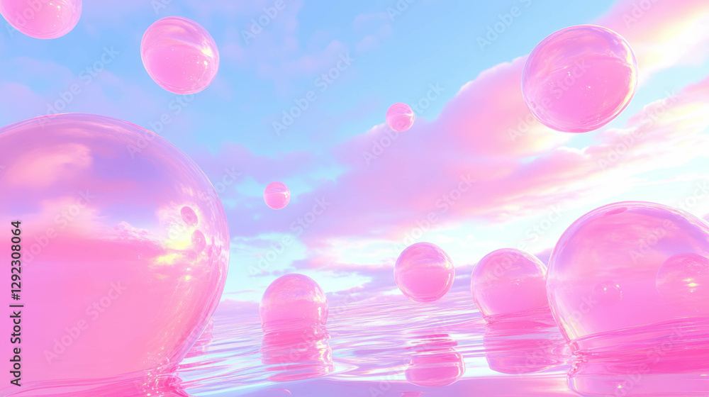 Poster dreamy fantasy scene with floating pink orbs and soft diffused light