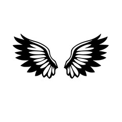 Black and white illustration of angel-like wings on a white background, symmetrical and graphic.