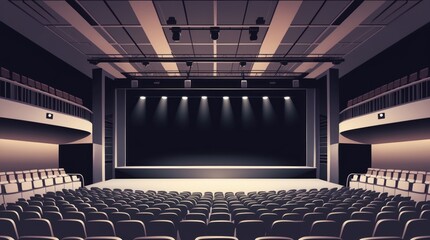 Empty Theater Auditorium with Illuminated Stage and Seating Area, Ideal for Performing Arts Eve