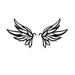 Black and white minimalist illustration of angel wings, vector style, placed on a white background.