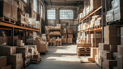 Interior of large warehouse with goods in wooden containers and cardboard parcel boxes on pallets and metal shelves and racks. Cartoon vector illustration of factory or store storage room inside.