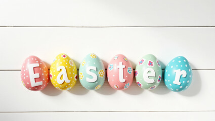 Colorful eggs are arranged to spell Easter on a bright white wooden surface. The vibrant pastel colors and floral patterns create a cheerful atmosphere perfect for celebrations