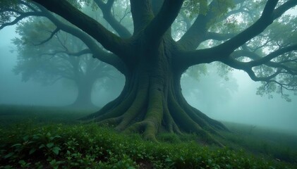 Fog wraps around massive tree trunk and branches, Ancient, Nature, Mysterious