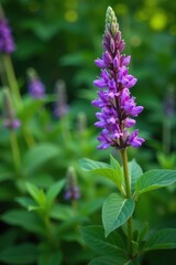 Vibrant purple wildflower blooms against lush green foliage , high-resolution, environment