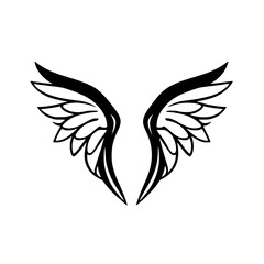 A symmetrical representation of angel wings on a white background, rendered in stark black and white.
