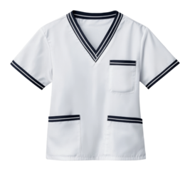 White medical scrub top with black trim and multiple pockets on transparent background. Professional uniform concept