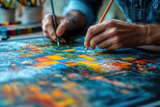 Creative Graphic Designers Collaborating on Color Selection and Digital Drawing with Graphic Tablets and Swatches in a Modern Workspace