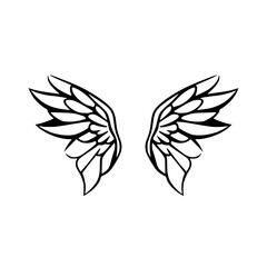 Black Ink Line Art of Angel Wings on a White Background.