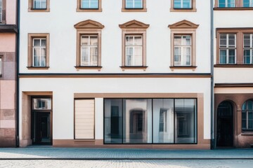 Obraz premium Modern architectural design features a sleek glass storefront juxtaposed against historic buildings in an urban setting, capturing a blend of old and new styles