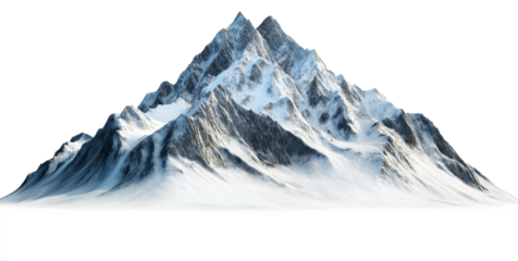 Snow-covered mountain peaks isolated on a transparent background, high contrast and detailed texture. Nature and adventure concept