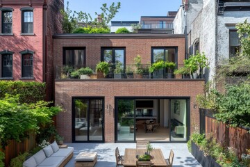 Fototapeta premium Modern residential building with lush greenery and outdoor space in urban setting, showcasing contemporary architecture and design elements