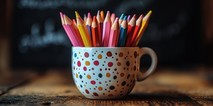 Colorful Pencils in Minimalist White Cup on Wooden Table with Blurred Blackboard Background and Copy Space for Education Concept