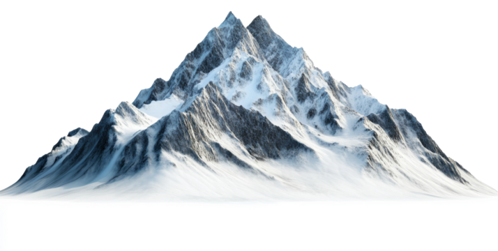 Snow-covered mountain peaks isolated on a transparent background, high contrast and detailed texture. Nature and adventure concept