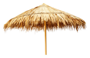 Straw beach umbrella isolated on transparent background, simple natural shade. Summer relaxation and outdoor leisure concept