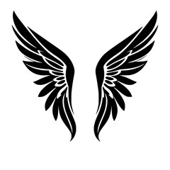 Obraz premium Black symmetrical angel wings illustration, with white background and clean cut lines.