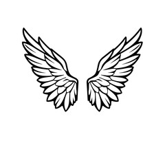 Symmetric monochrome drawing of angel wings in vector style against a white background.