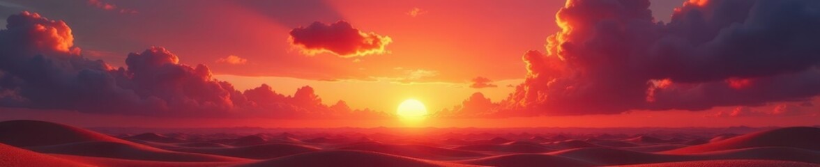 Fiery sunset paints desert sky, billowing clouds ablaze , glow, horizon, background