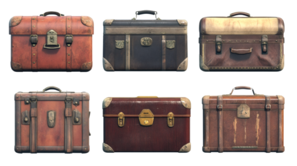 3D rendering of six old suitcases with metal details and leather straps, isolated on transparent background