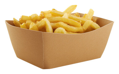 A box of golden french fries in a cardboard container on a transparent background. Fast food and snack concept