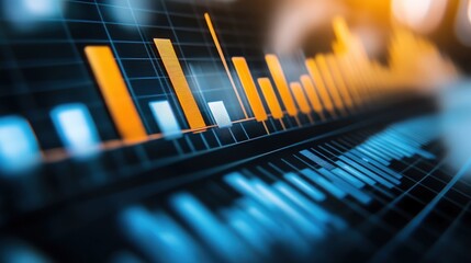 Abstract financial data visualization with vibrant bar graphs and line charts on a digital interface